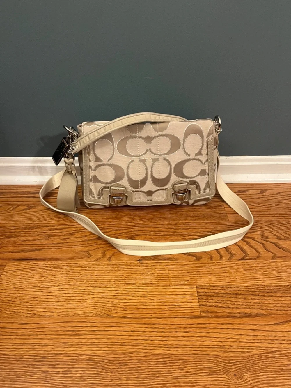 Coach Poppy Signature C Metallic Sateen & Leather Messenger Flap Satchel #18352